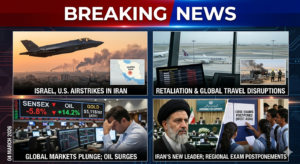 Breaking news collage of March 4, 2026, showing U.S.-Israel airstrikes in Iran, global stock market crash with Sensex down 5.8%, record oil and gold prices, grounded international flights, and CBSE exam postponement notice for Indian students.