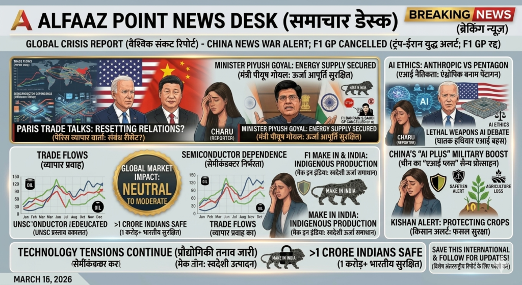 US-China trade talks Paris 2026 Scott Bessent and He Lifeng meeting, Anthropic AI vs Pentagon lawsuit lethal weapons debate, MIT protein Intelectin-2 gut bacteria research news graphic by Alfaaz Point.