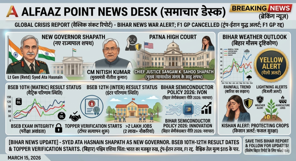 Bihar naye Governor Syed Ata Hasnain shapath grahan, BSEB 10th 12th result date update 2026, Bihar weather yellow alert rain lightning, Bihar Semiconductor Policy incentives, Alfaaz Point News.