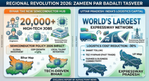 Infographic comparing success stories of Bihar as a semiconductor hub and Uttar Pradesh as logistics capital by 2026.