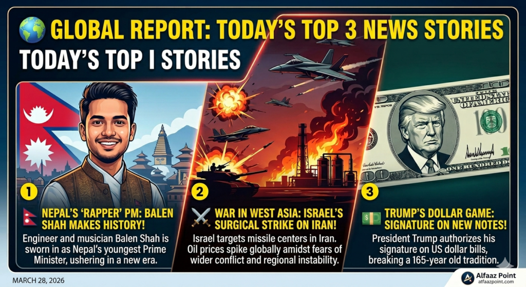 A professional news collage for March 2026 featuring Nepal's Prime Minister Balen Shah, a cinematic depiction of the Israel-Iran conflict, and a U.S. 100-dollar bill signed by Donald Trump.
