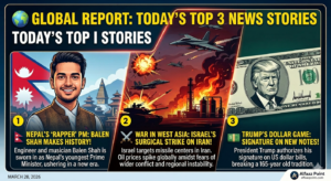 A professional news collage for March 2026 featuring Nepal's Prime Minister Balen Shah, a cinematic depiction of the Israel-Iran conflict, and a U.S. 100-dollar bill signed by Donald Trump.