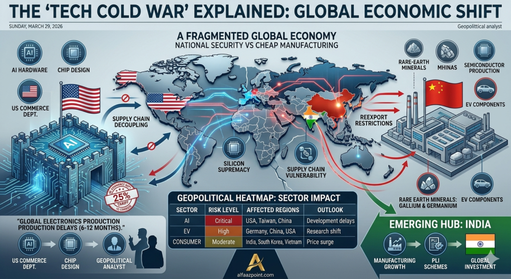 Geopolitical map showing US and China trade tension lines with digital circuit overlay — Alfaaz Point World News.
