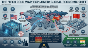 Geopolitical map showing US and China trade tension lines with digital circuit overlay — Alfaaz Point World News.