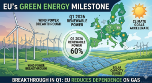 Map of Europe with wind turbines and solar panels showing 60% renewable power achievement.