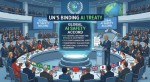 UN conference hall with world leaders signing the Global AI Safety Accord for ethical AI.