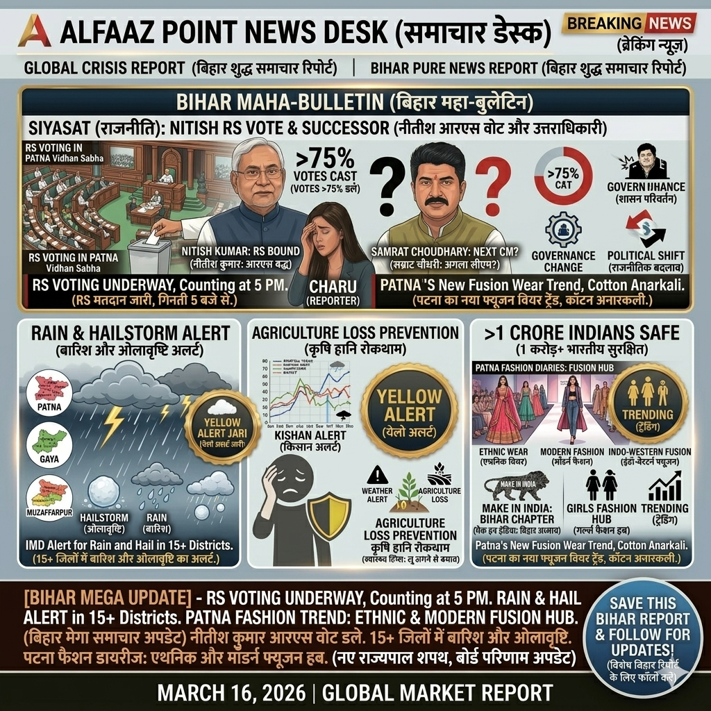 Bihar politics Nitish Kumar Samrat Choudhary news, Bihar weather rain alert March 2026, Patna girls fashion trends graphic by Alfaaz Point.