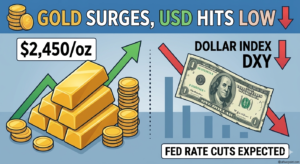 Infographic showing gold bars rising to $2,450 per ounce and the US Dollar index falling.