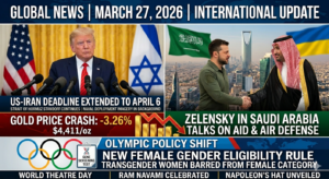 International News March 2026 banner showing Donald Trump, Gold price chart, and Olympic policy update.