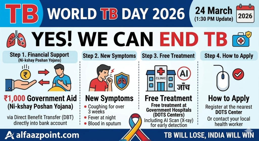 Infographic of World TB Day 2026 showing ₹1,000 government aid and Ni-kshay Poshan Yojana details.