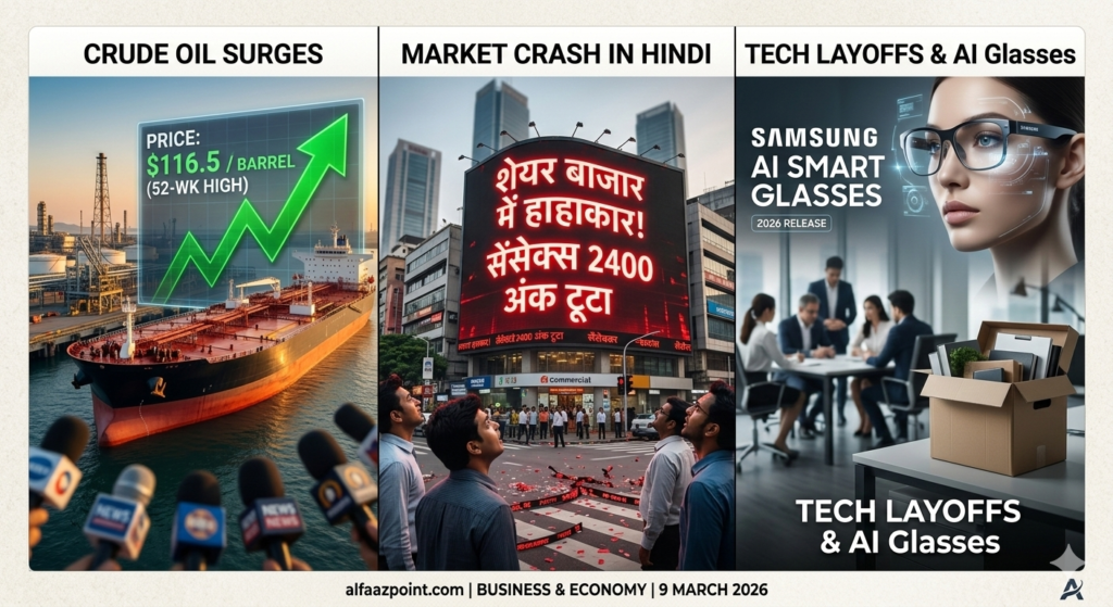 Global business news collage showing crude oil prices rising to $116.50 on a digital screen, stock market crash red arrows on a trading board, and Samsung's new AI smart glasses. Optimized for alfaazpoint.com business report March 2026.
