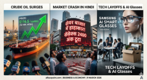 Global business news collage showing crude oil prices rising to $116.50 on a digital screen, stock market crash red arrows on a trading board, and Samsung's new AI smart glasses. Optimized for alfaazpoint.com business report March 2026.