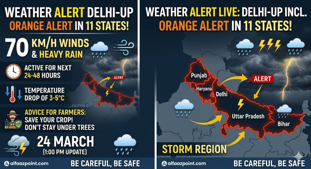 Weather map of India showing orange alert regions with storm and rain icons for March 2026.