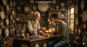 Ek purani ghadiyon ki dukaan ka nazara jahan ek safed daadhi wala buzurg dukaandaar ek naujawan ladke ko haath mein ek chamakti hui sunehri goli (marble) de raha hai. Deewaron par har taraf alag-alag tarah ki purani lakdi ki ghadiyan tangi hain. Kamre mein naram aur garm roshni hai, jo ek purane aur jaadui mahool ko darshati hai.
