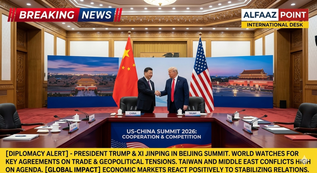 Donald Trump and Xi Jinping shaking hands at Beijing Summit 2026 for international diplomacy news - Alfaaz Point Exclusive.