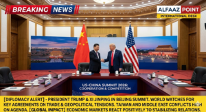 Donald Trump and Xi Jinping shaking hands at Beijing Summit 2026 for international diplomacy news - Alfaaz Point Exclusive.
