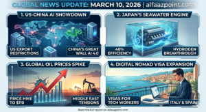 Global news highlights for March 10 2026 featuring US-China AI war and Japan seawater engine for alfaazpoint.com