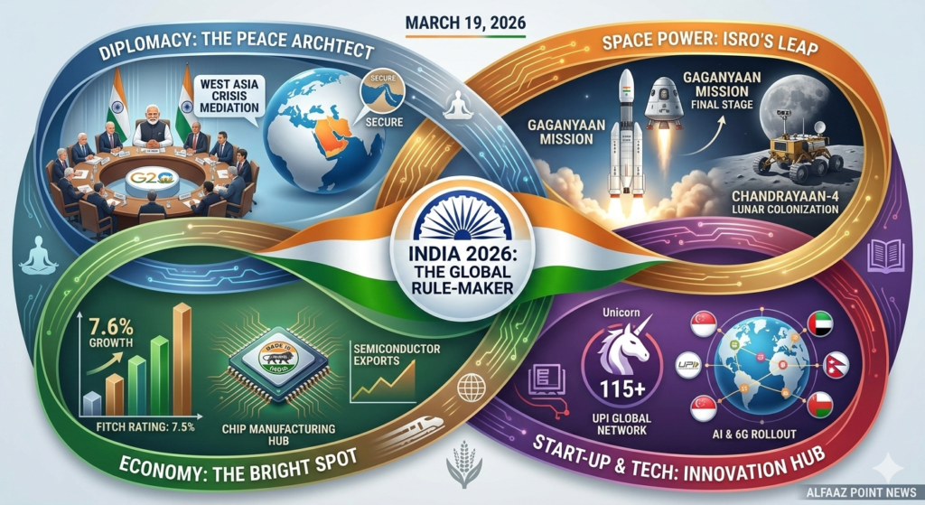 PM Modi and Kuwait Crown Prince meeting 2026, ISRO Gaganyaan mission rocket, and India's economic growth 7.6% infographic for alfaazpoint.com.