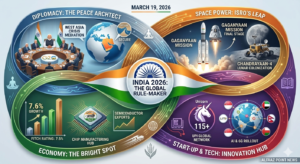 PM Modi and Kuwait Crown Prince meeting 2026, ISRO Gaganyaan mission rocket, and India's economic growth 7.6% infographic for alfaazpoint.com.