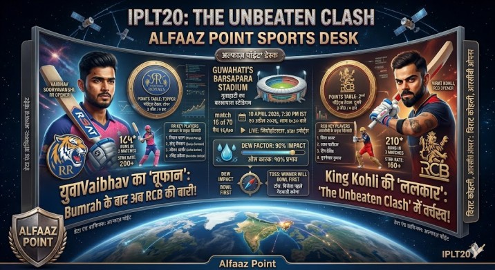 IPL 2026 RR vs RCB Match 16 Infographic: Virat Kohli vs Vaibhav Sooryavanshi at Guwahati Barsapara Stadium.