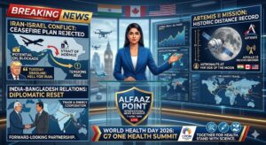 News anchor presenting a global news roundup for Alfaaz Point, featuring segments on the Iran-Israel conflict, NASA's Artemis II lunar record, and the G7 One Health Summit in 2026.