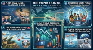 A comprehensive news infographic for April 14, 2026, featuring US-Iran naval blockade, North Korea missile tests, IMF economic outlook, UN Youth Forum, and NASA Artemis mission updates.