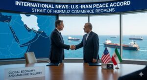 A professional news feature image showing a diplomatic handshake between US and Iranian officials with a digital map of the Strait of Hormuz and commercial cargo ships in the background. Text overlay: International News - U.S.-Iran Peace Accord.