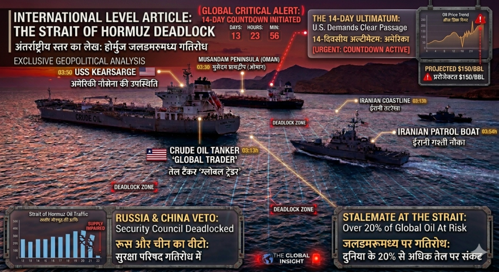 International geopolitical conflict in Strait of Hormuz featuring oil tankers, US Navy, and Iranian patrol boats with economic data overlay.