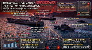 International geopolitical conflict in Strait of Hormuz featuring oil tankers, US Navy, and Iranian patrol boats with economic data overlay.