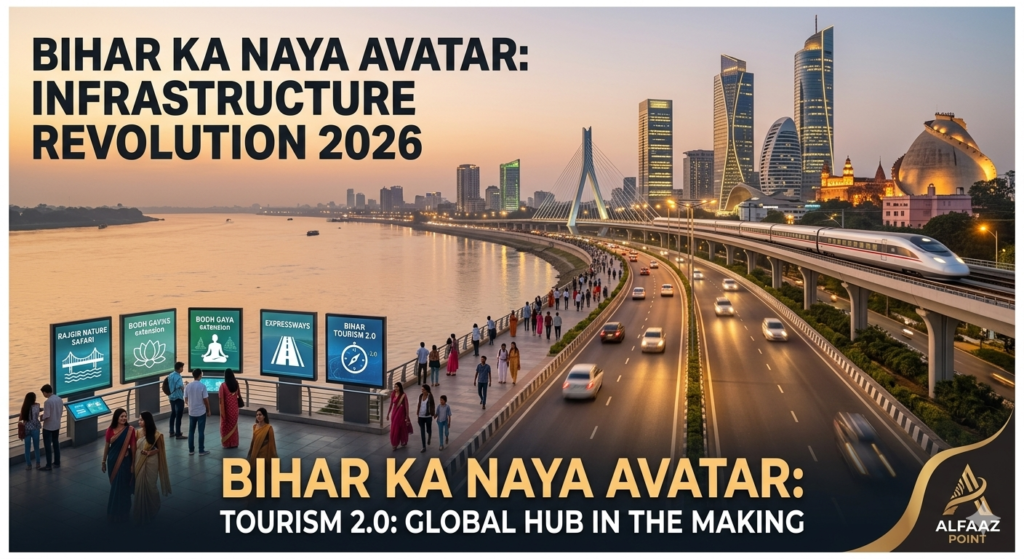 Patna Marine Drive glowing at night with modern infrastructure and flags, representing New Bihar 2026.