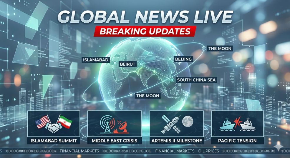 Digital world map infographic showing international breaking news updates like US-Iran Islamabad summit, Middle East crisis, and NASA Artemis II mission.