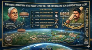 Infographic of Bihar Power Transition 2026 showing Nitish Kumar's resignation and Samrat Choudhary's swearing-in ceremony timeline.