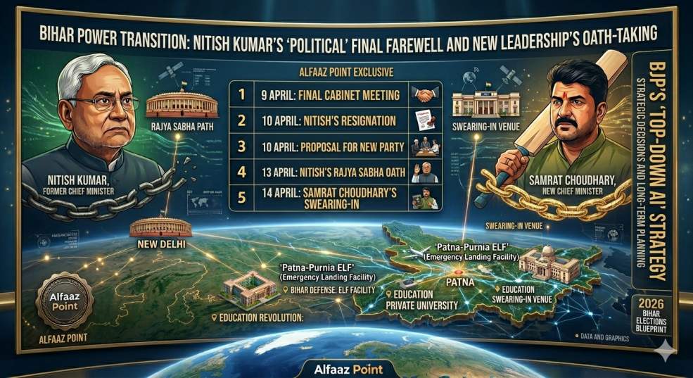 Infographic of Bihar Power Transition 2026 showing Nitish Kumar's resignation and Samrat Choudhary's swearing-in ceremony timeline.