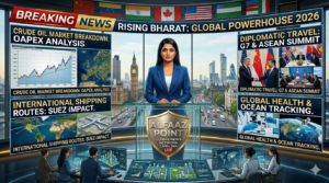 Comprehensive global news roundup broadcast by Alfaaz Point, featuring segments on Crude Oil Market Analysis, G7 & ASEAN Summit Diplomatic Travel, Suez Shipping Routes, and World Health & Ocean Tracking.