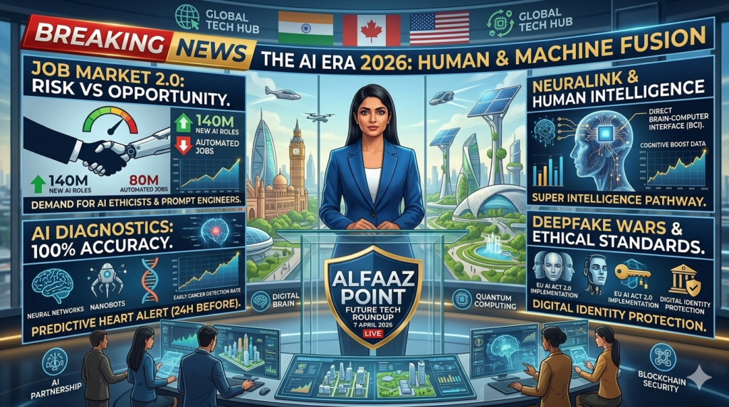 Futuristic human-AI interaction in 2026, showcasing digital brain and robotic hand for Alfaaz Point technology blog.