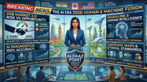 Futuristic human-AI interaction in 2026, showcasing digital brain and robotic hand for Alfaaz Point technology blog.