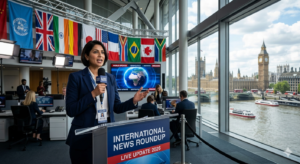 Professional news anchor reporting global news updates from a high-tech studio with world flags.
