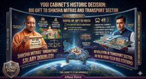 Infographic of Yogi Cabinet decisions 2026 showing Shiksha Mitra salary hike from ₹10,000 to ₹18,000 and 49 new PPP model bus stations in Uttar Pradesh.