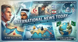 A high-quality news collage showing global events including US-Iran talks, West Asia conflict, oil market trends, and Pakistan-Saudi Arabia strategic news for international news reporting.