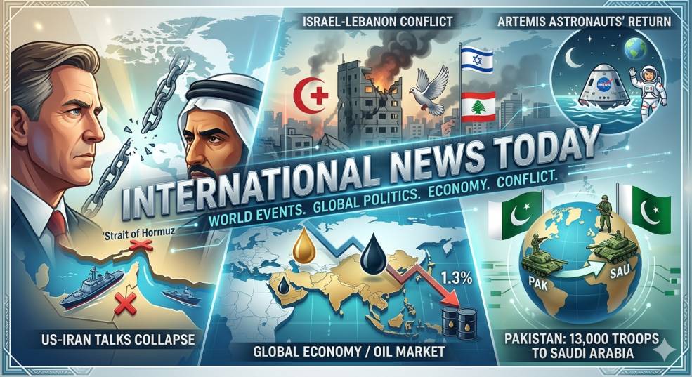 A high-quality news collage showing global events including US-Iran talks, West Asia conflict, oil market trends, and Pakistan-Saudi Arabia strategic news for international news reporting.