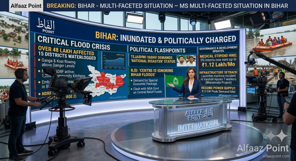 Alfaaz Point news infographic covering the Bihar flood crisis, NDRF rescue teams, and key political developments in Patna.