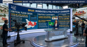 Alfaaz Point news infographic covering the Bihar flood crisis, NDRF rescue teams, and key political developments in Patna.