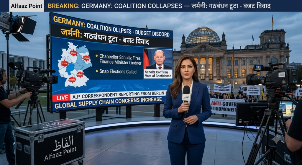 Alfaaz Point news graphic showing the Reichstag building in Berlin with German political coalition crisis headline elements.