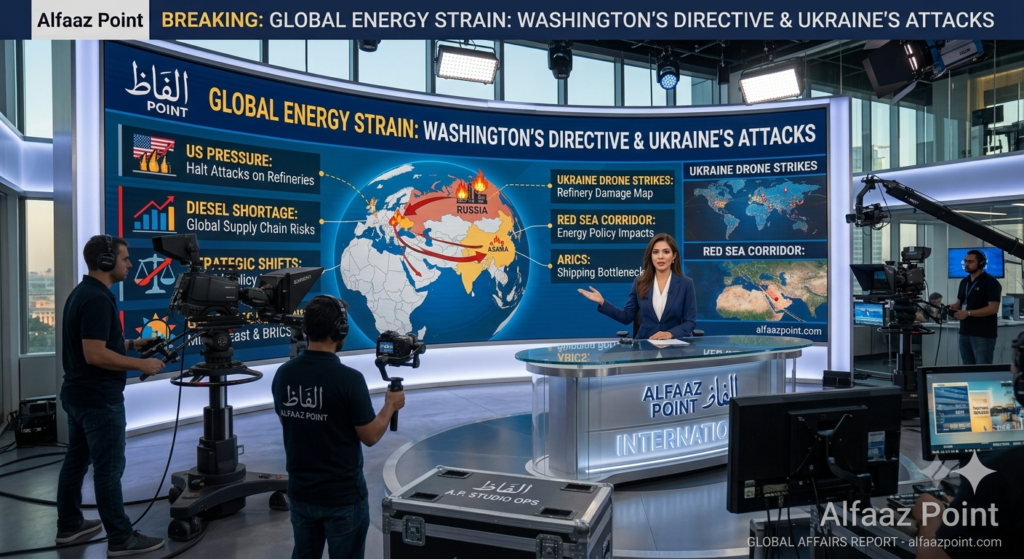 Alfaaz Point international news graphic featuring global energy trade routes, fuel refineries, and naval patrol vessels in strategic waterways.