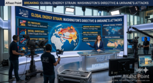 Alfaaz Point international news graphic featuring global energy trade routes, fuel refineries, and naval patrol vessels in strategic waterways.