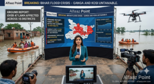 Alfaaz Point news coverage graphic showing NDRF rescue boats navigating flooded villages in Bhagalpur and Patna, Bihar.