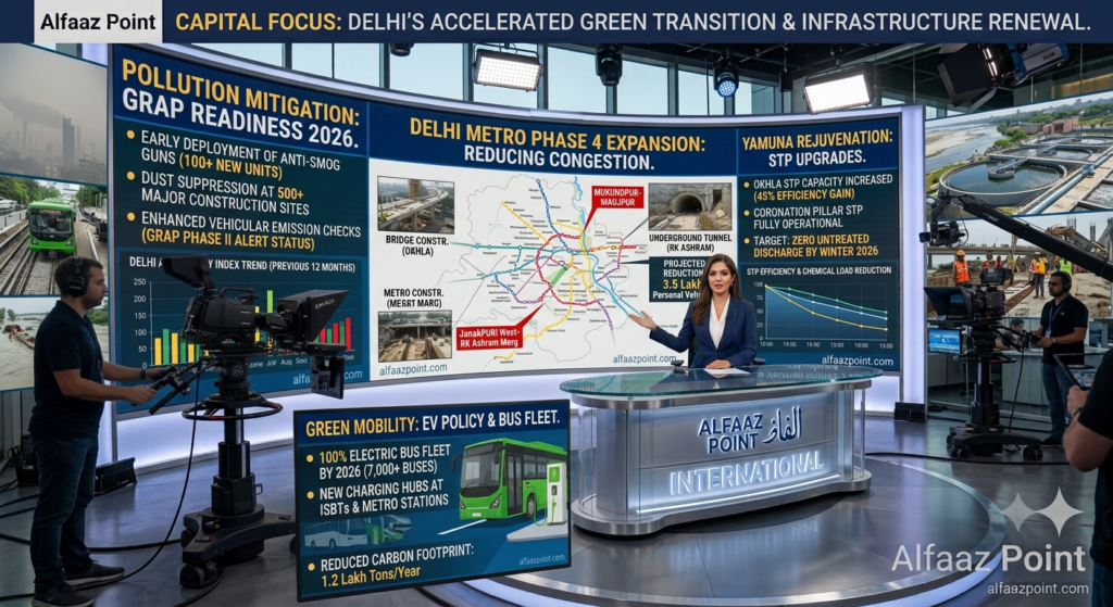 Alfaaz Point news graphic featuring the Delhi skyline, electric public buses, and construction work on the Delhi Metro Phase 4 elevated corridor.