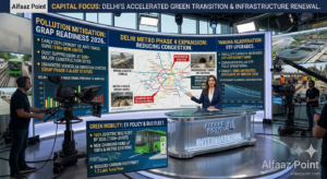 Alfaaz Point news graphic featuring the Delhi skyline, electric public buses, and construction work on the Delhi Metro Phase 4 elevated corridor.