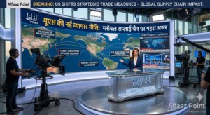 Alfaaz Point news graphic showing the United States Capitol Building in Washington D.C. with global trade and policy headline graphics.