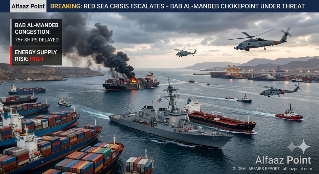 Alfaaz Point breaking news graphic: A patrolling naval destroyer and a damaged container ship amidst heavy shipping congestion at the Bab al-Mandeb Strait in the Red Sea.